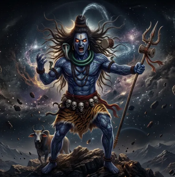 Good morning shiva image of angry Mahadev holding Trishul in a powerful pose