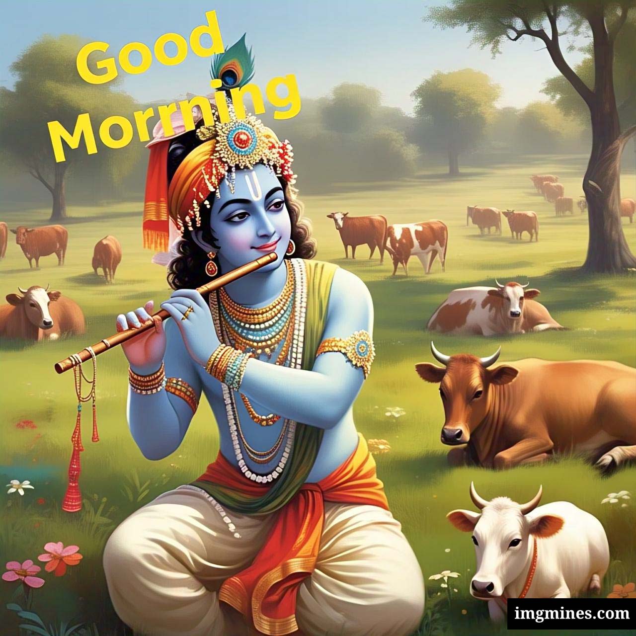 Good Morning Shri Krishna playing flute while grazing cows in forest HD wallpaper
