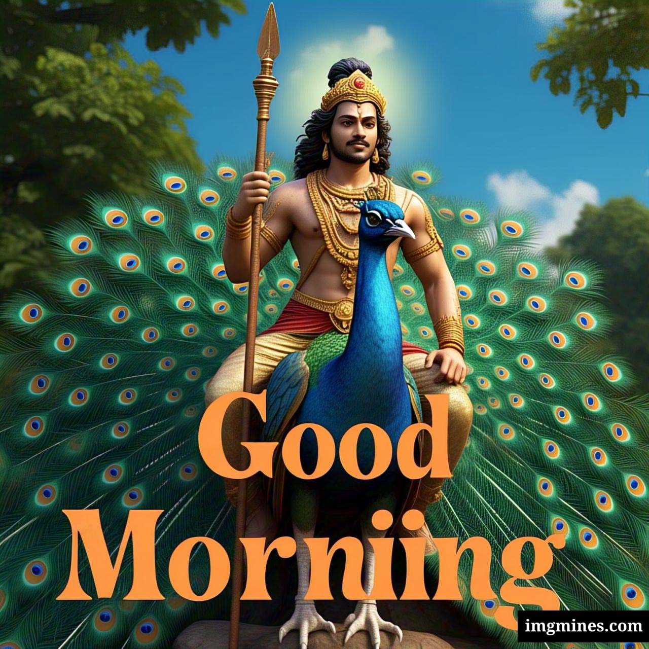 Lord Kartikeya Murugan seated on a peacock bestowing blessings good morning god image