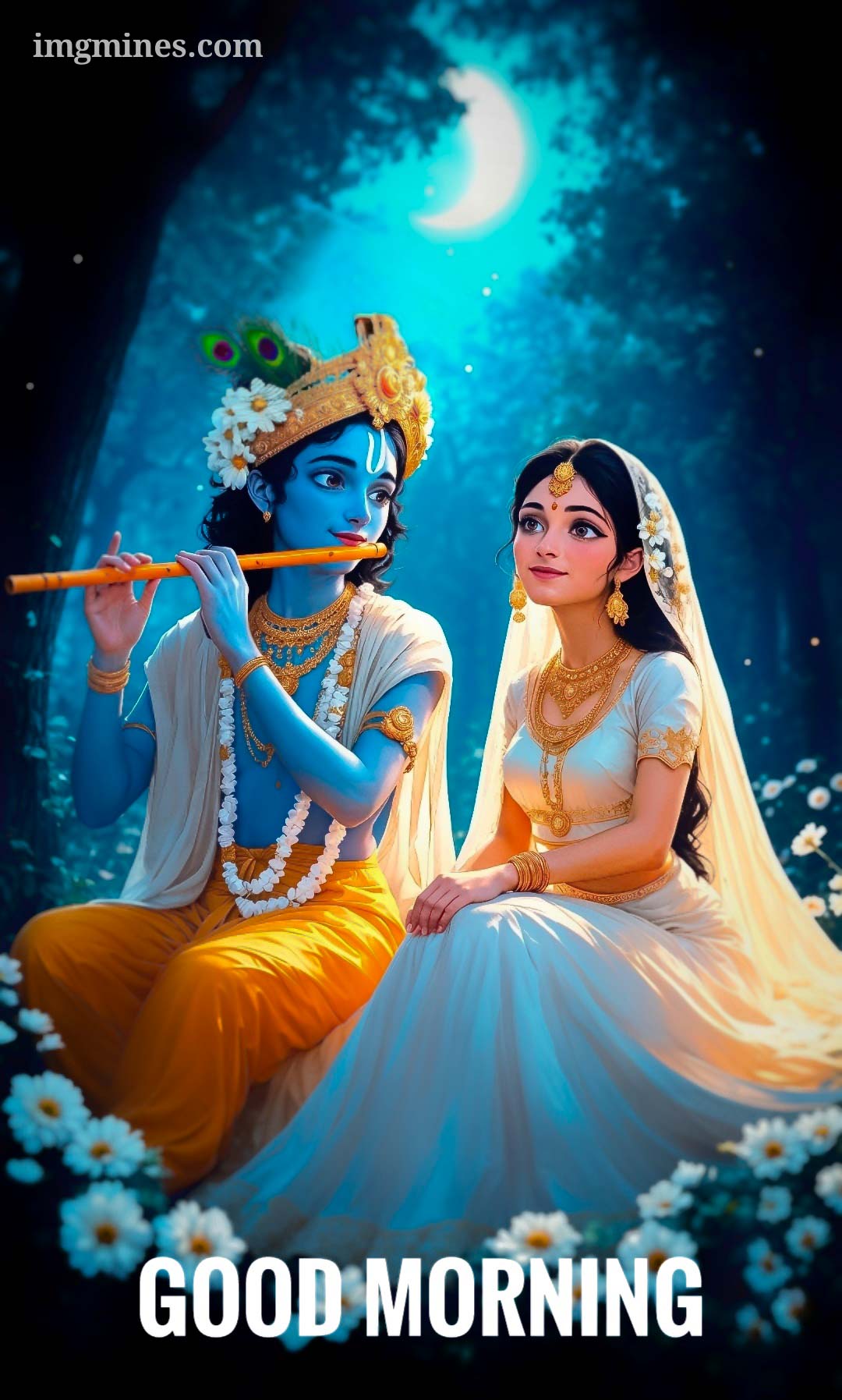 Radha feeling love while listening to Krishna playing sweet bansuri music good morning image