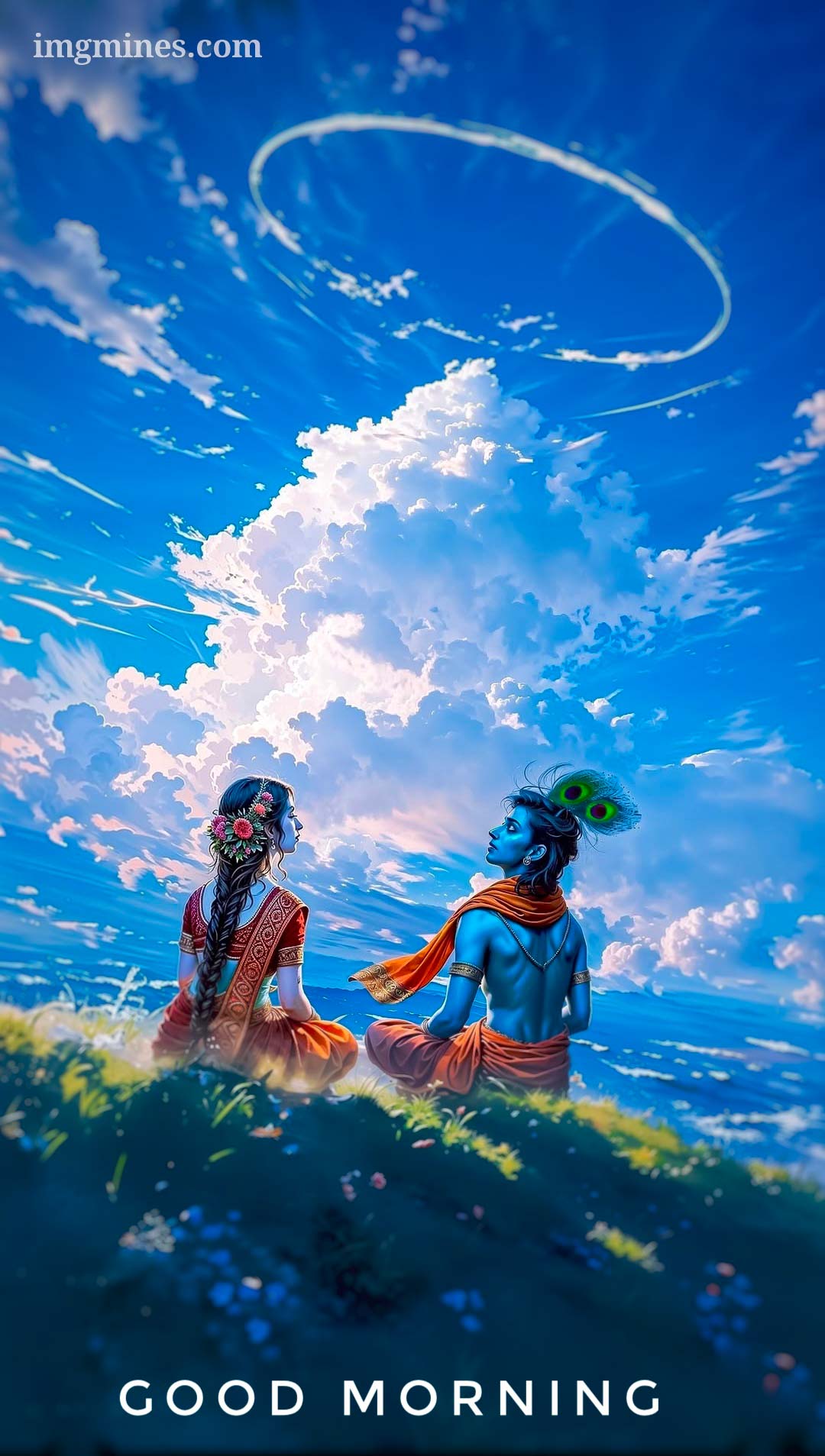 Radha Krishna sitting together under pleasant open sky good morning image