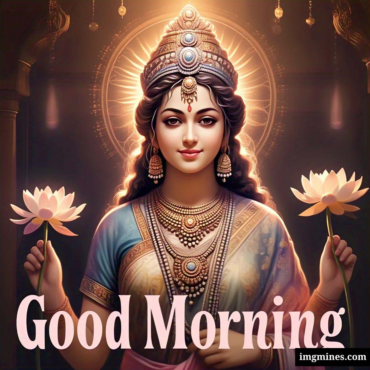 Good Morning Mata Laxmi holding lotus flower HD wallpaper