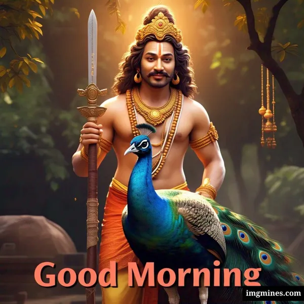 Good Morning Lord Kartikeya with peacock standing in jungle HD photo