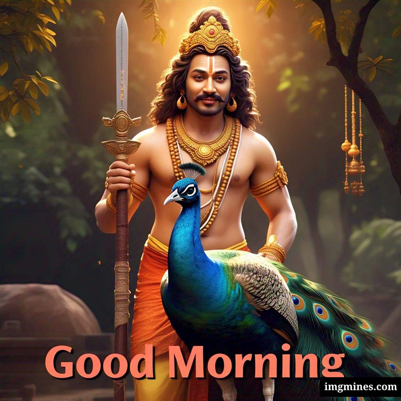 Good Morning Lord Kartikeya with peacock standing in jungle HD photo