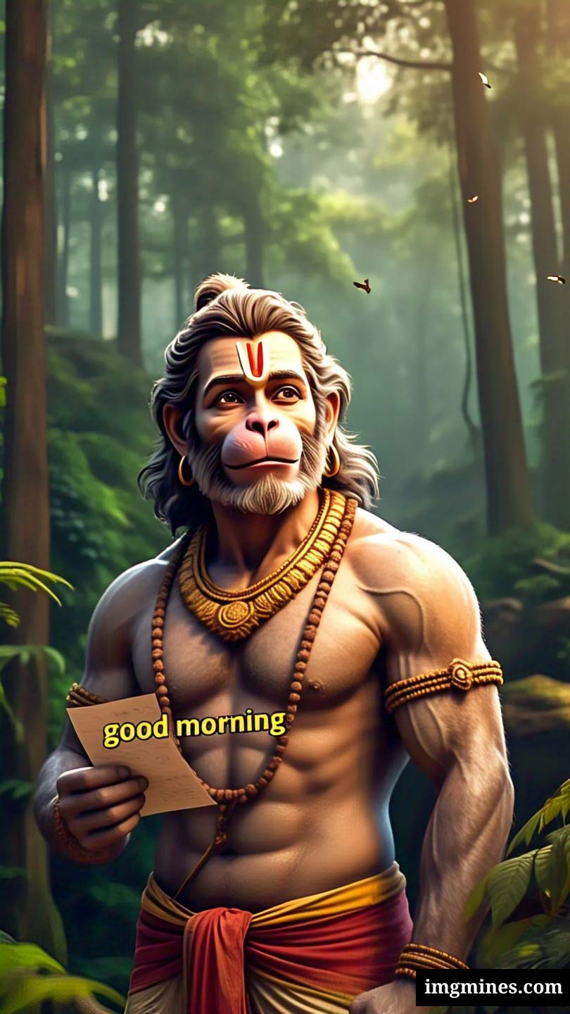 Lord Hanuman reading a message from a paper page good morning god image