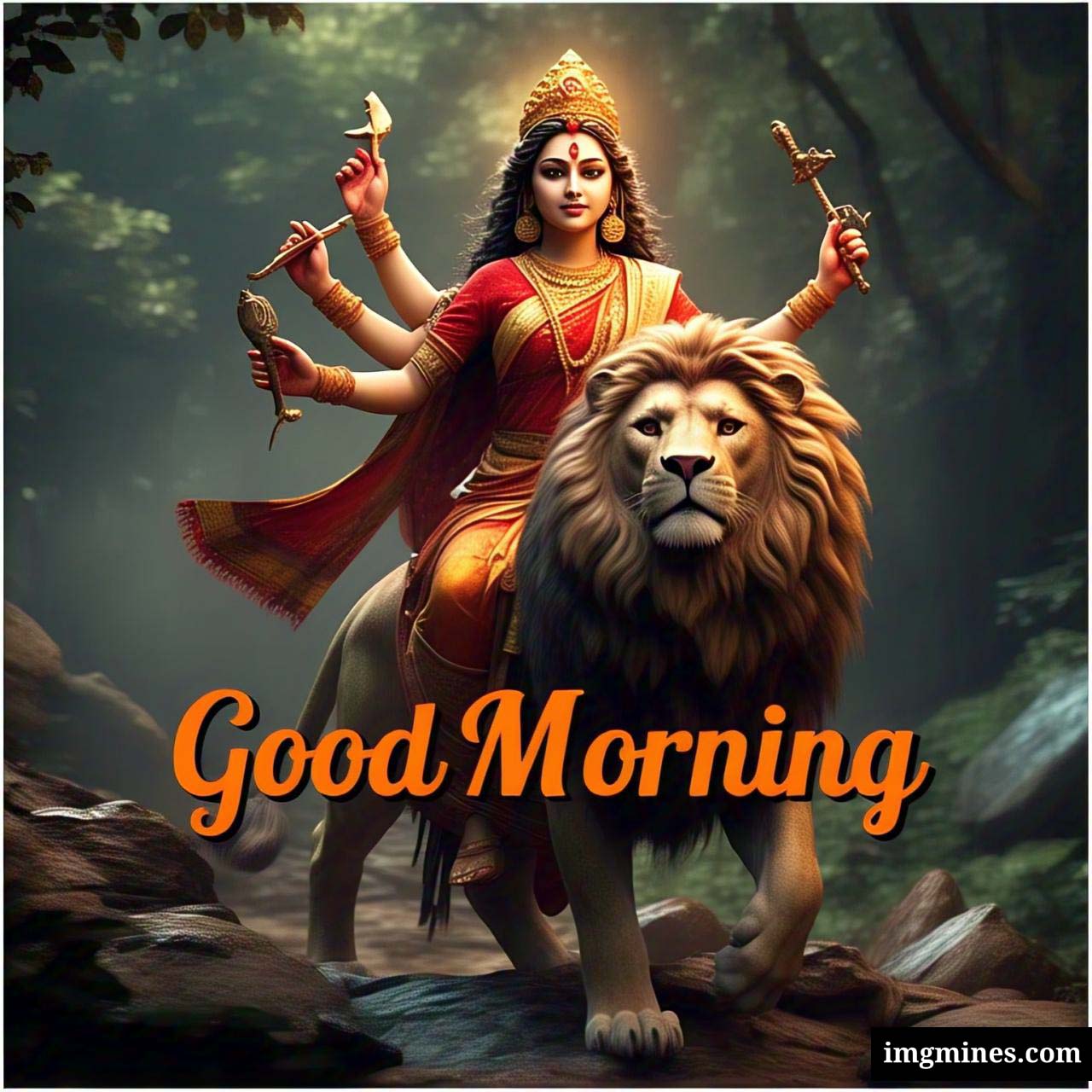Maa Durga seated on a lion bestowing blessings good morning god image