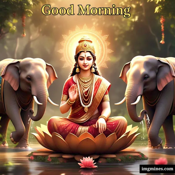 Goddess Maa Lakshmi on a lotus with elephants giving blessings good morning god image