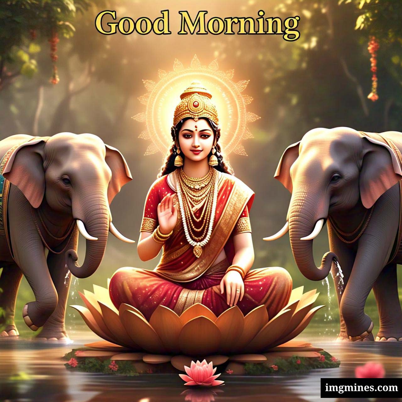 Goddess Maa Lakshmi on a lotus with elephants giving blessings good morning god image