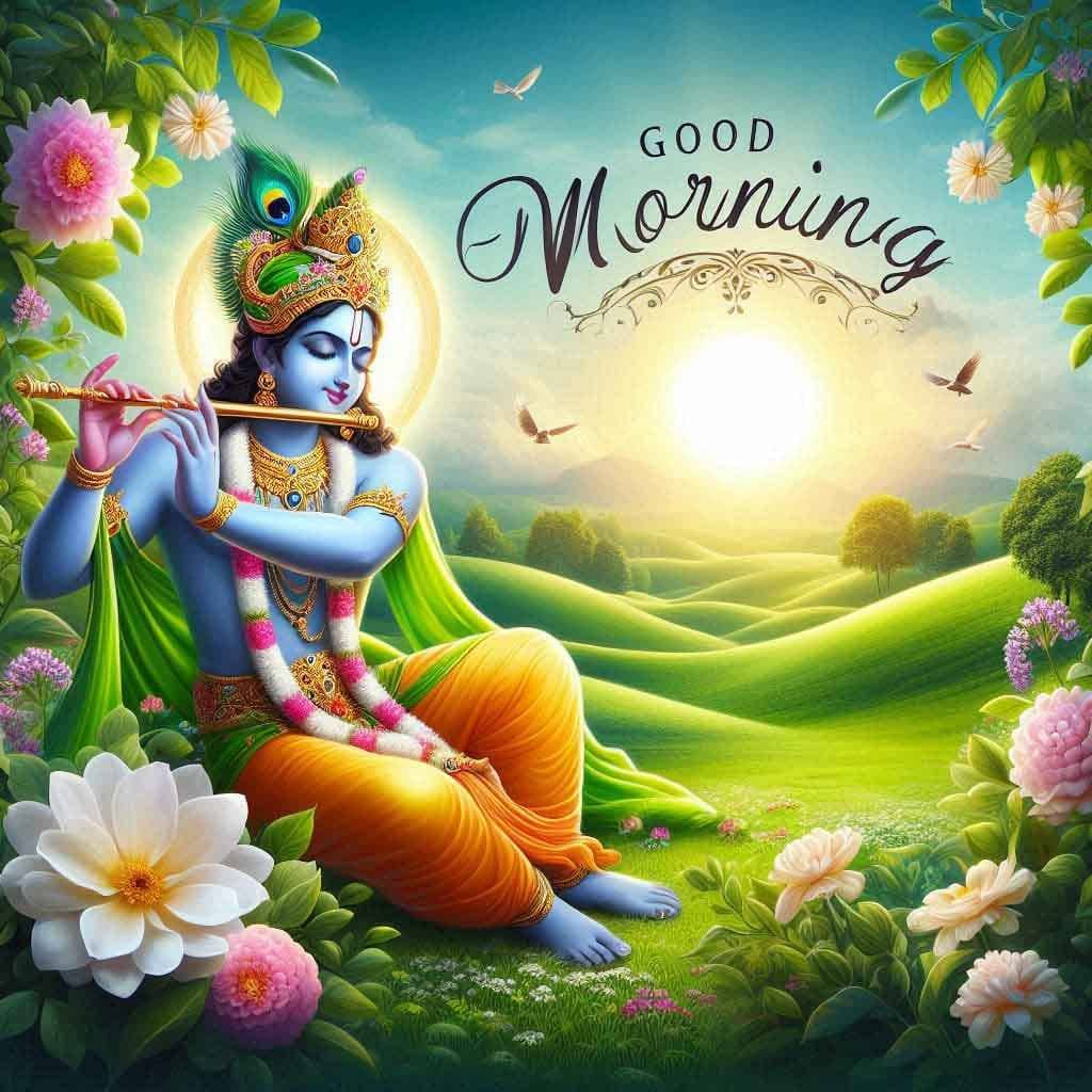 Lord Krishna playing flute at sunrise in the morning