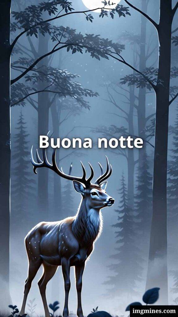 Un cervo che dà pacificamente un messaggio di buonanotte nella notte buia di una fitta foresta